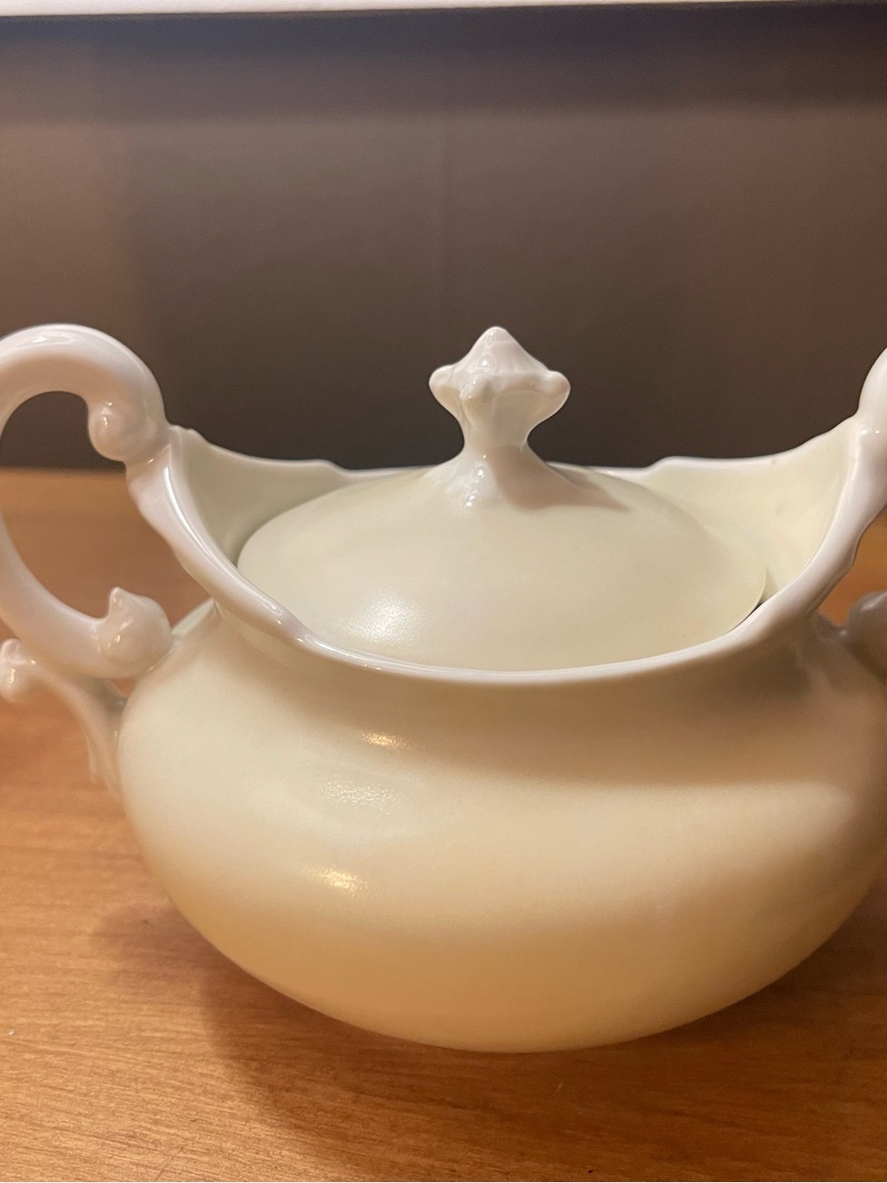 Vintage 1950’s Cream Porcelain Lidded Sugar Bowl with Ornate Handles